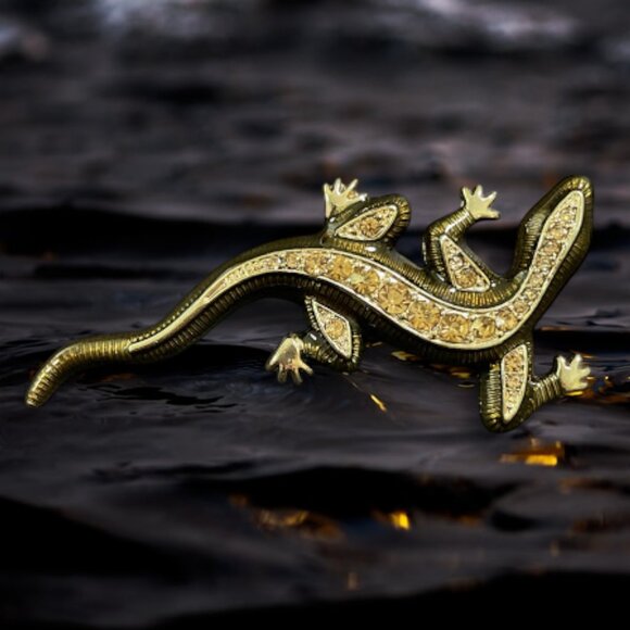 Vintage Gold Tone Enamel Rhinestone Lizard Brooch Gift Retro Cool Fancy Pants - Picture 2 of 11